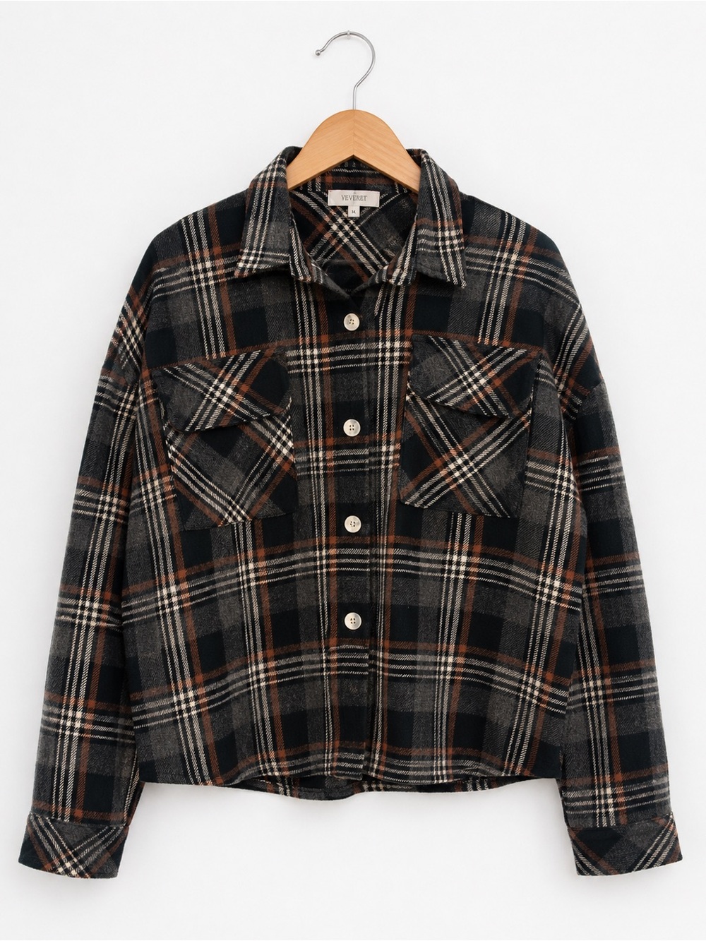 Velvet Plaid Button-Front Jacket in Black & Brown Plaid